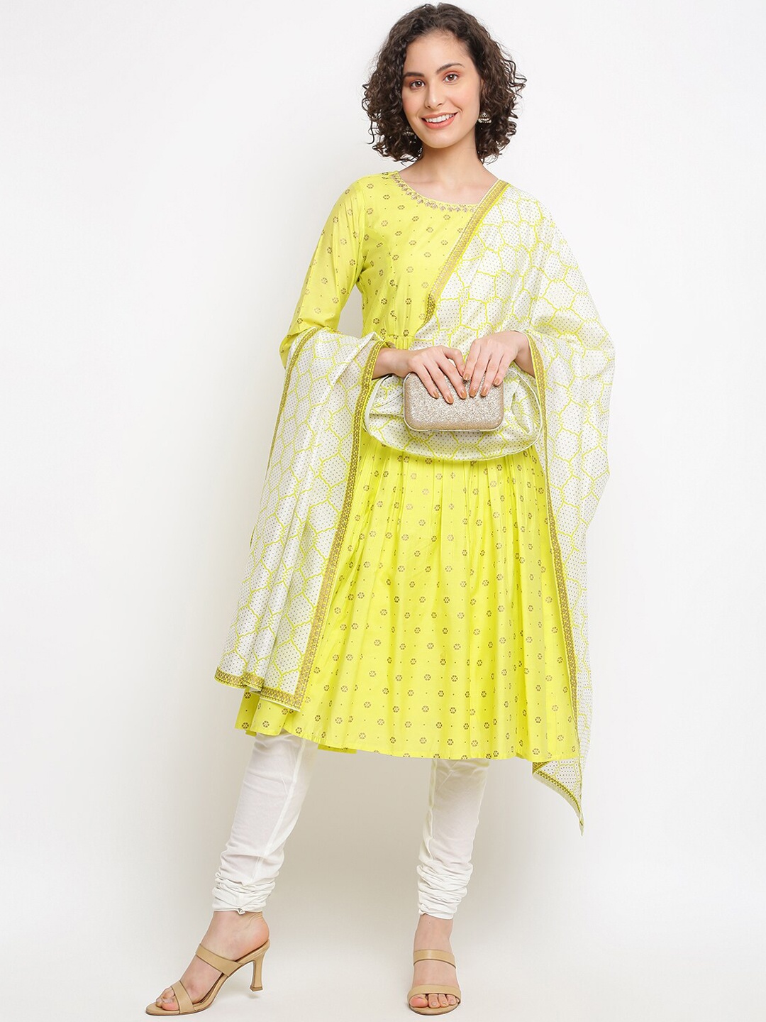 

IMARA Floral Printed Chanderi Cotton Kurta with Churidar & Dupatta, Yellow