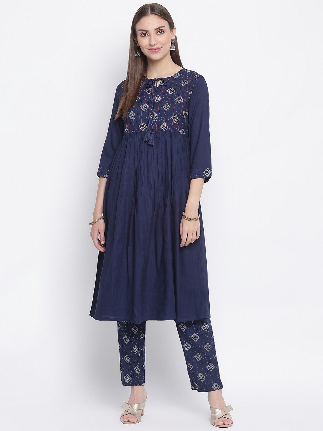 

IMARA Ethnic Motifs Printed Anarkali Kurta with Trousers, Navy blue