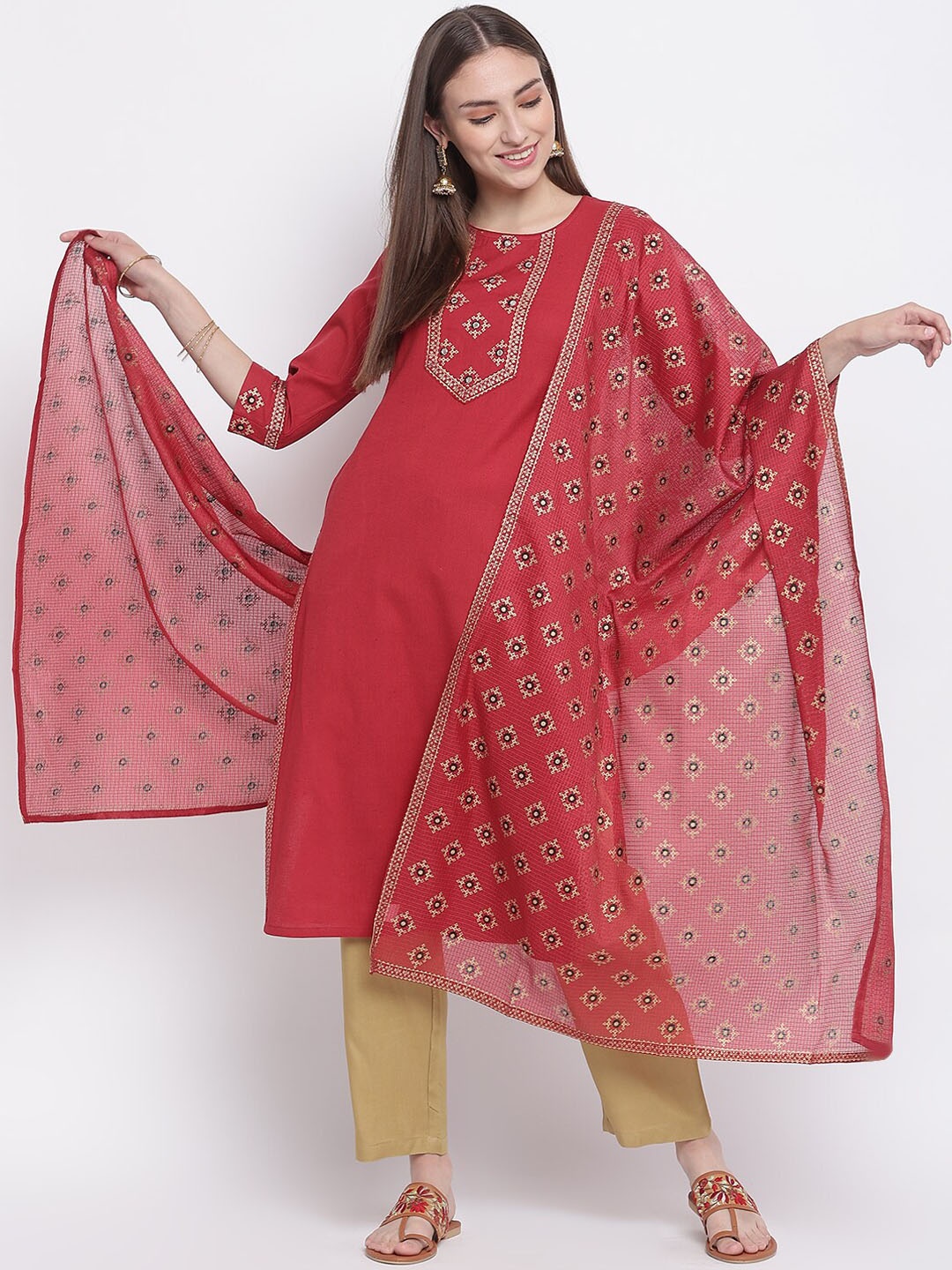 

IMARA Ethnic Motifs Printed Mirror Work Kurta with Trousers & Dupatta, Maroon