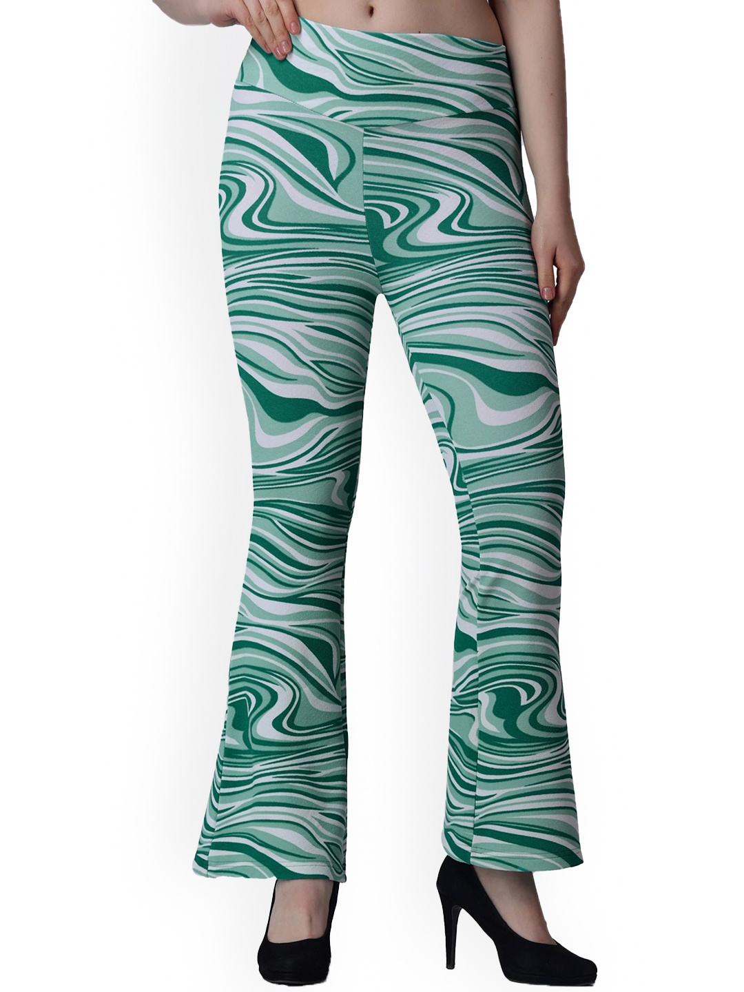 

Popwings Women Smart Abstract Printed Low-Rise Easy Wash Bootcut Trousers, Green