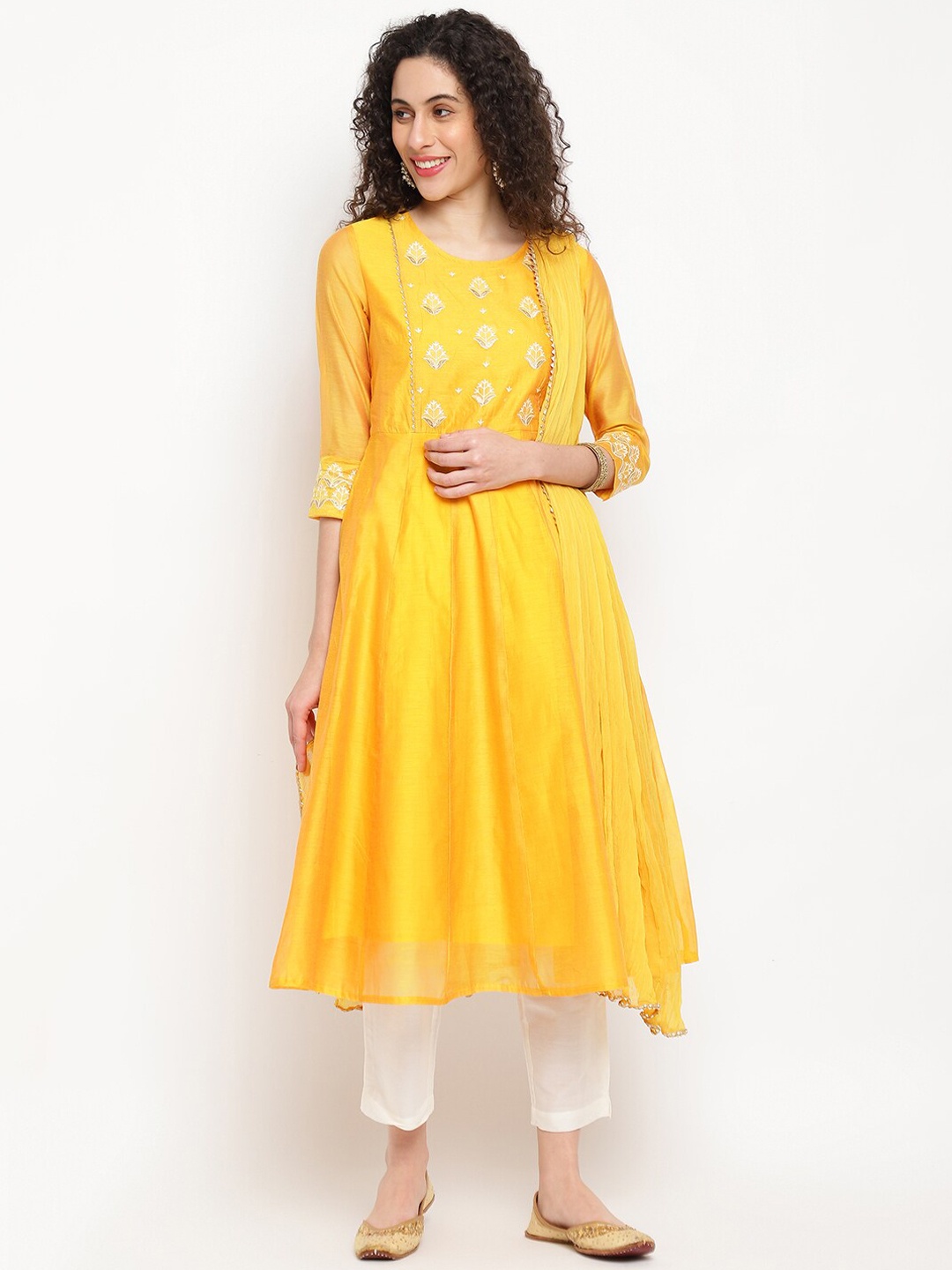 

IMARA Floral Embroidered Anarkali Chanderi Cotton Kurta with Trousers & Dupatta, Yellow