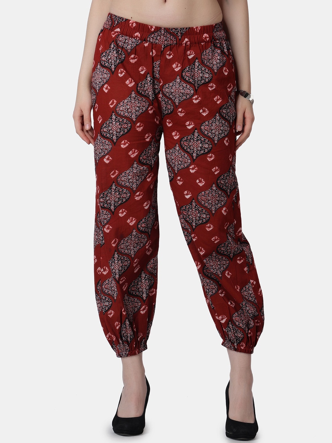 

Popwings Women Smart Ethnic Printed Loose Fit Easy Wash Pure Cotton Joggers, Maroon