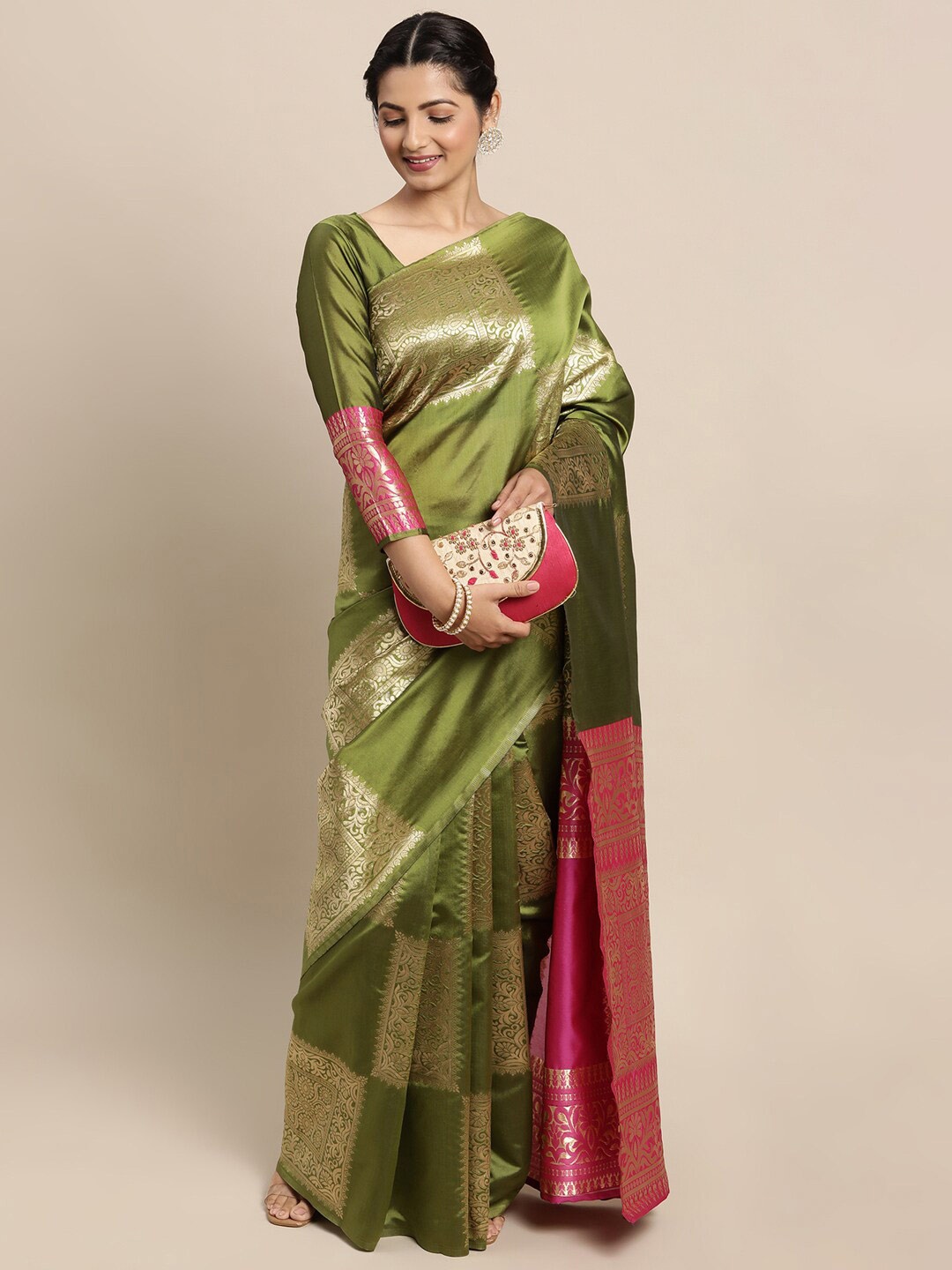 

KALINI Ethnic Motifs Woven Design Zari Banarasi Saree, Olive