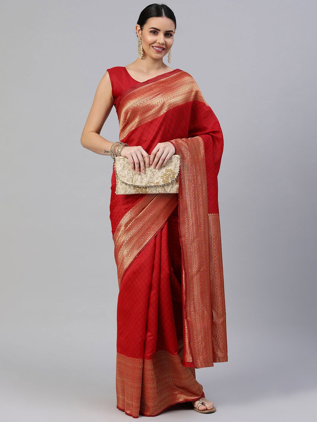 

KALINI Ethnic Motifs Woven Design Zari Banarasi Saree, Red