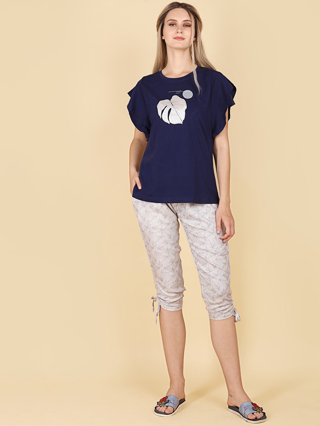

ASPORA Floral Printed Organic Cotton Night Suit, Navy blue