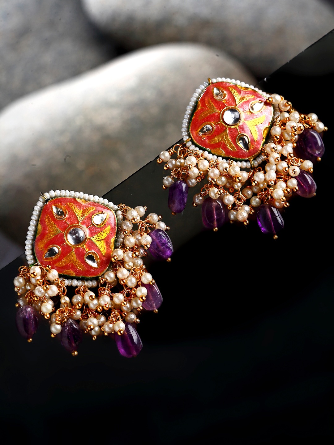 

DUGRISTYLE Gold-Plated Artificial Stones and Beads Classic Studs Earrings