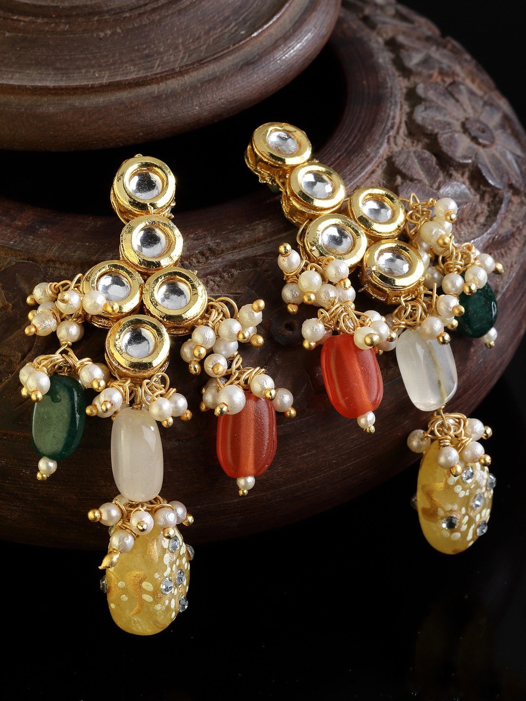 

DUGRISTYLE Gold-Plated Artificial Stones and Beads Classic Drop Earrings