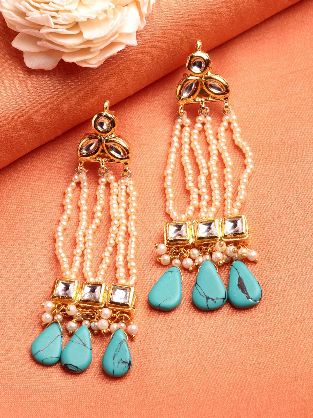 

DUGRISTYLE Gold-Plated Artificial Stones and Beads Classic Drop Earrings