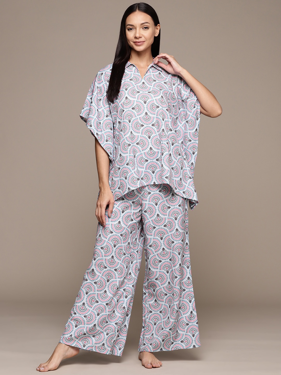 

ZIYAA Women Printed Night suit, Turquoise blue