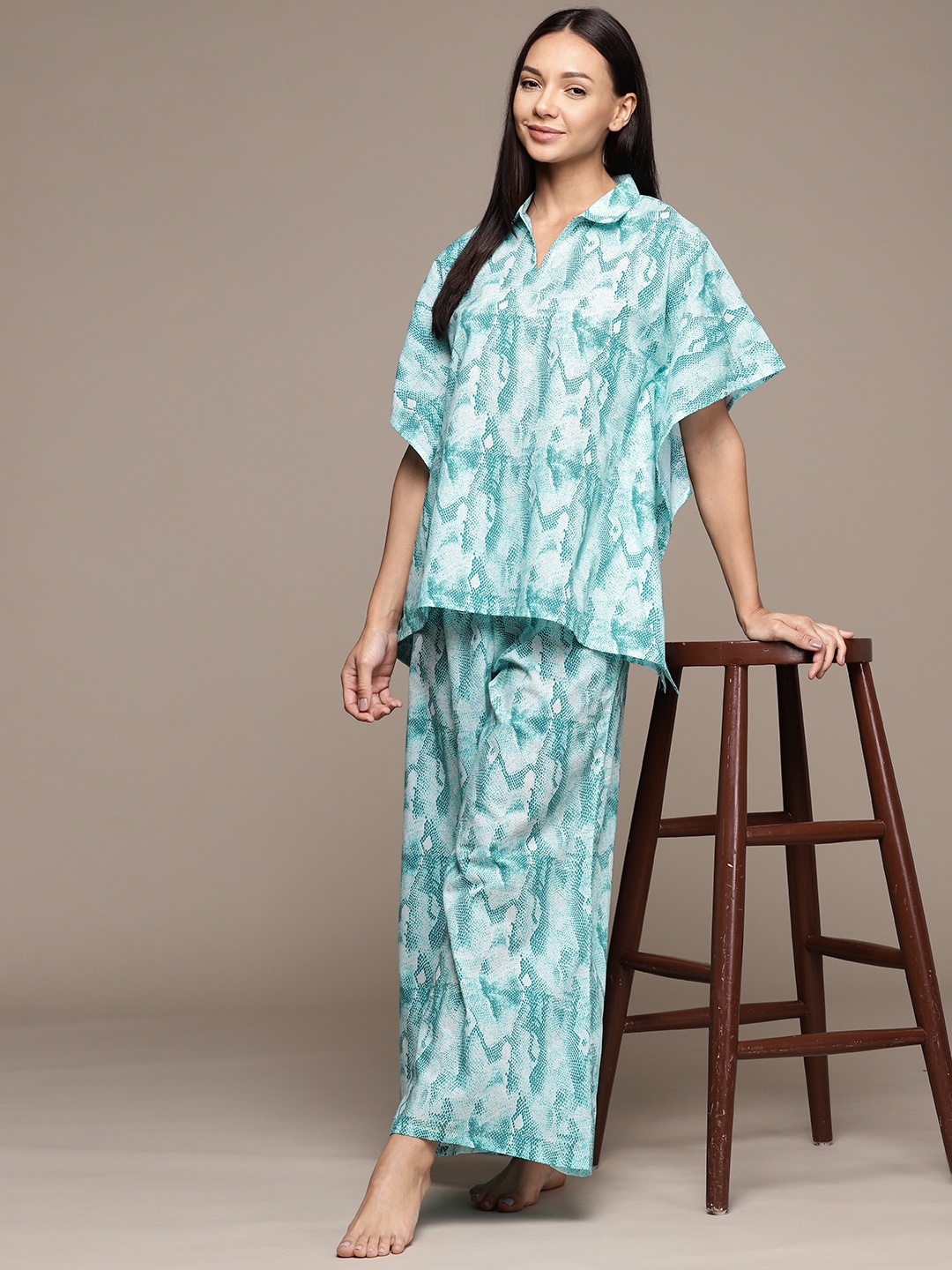 

ZIYAA Women Printed Cotton Night suit, Sea green