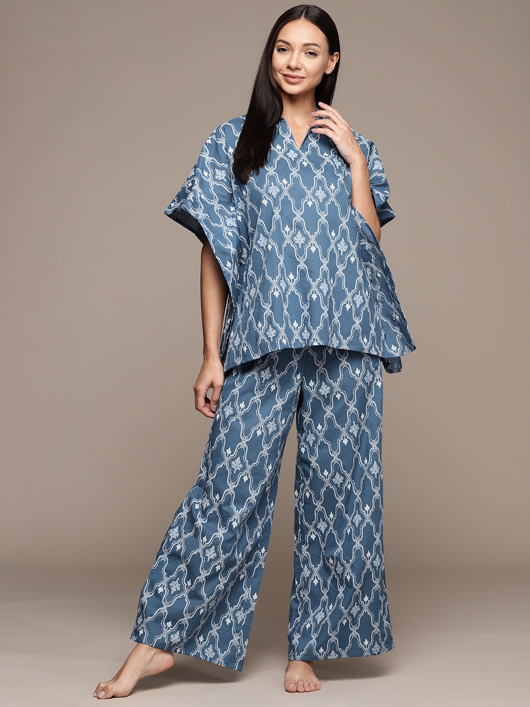 

ZIYAA Women Printed Cotton Night suit, Blue