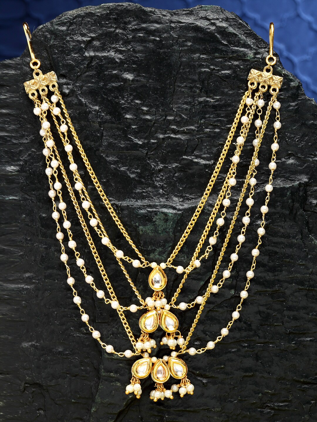 

DUGRISTYLE Gold-Plated Kundan Studded Bun Pin Head Chain