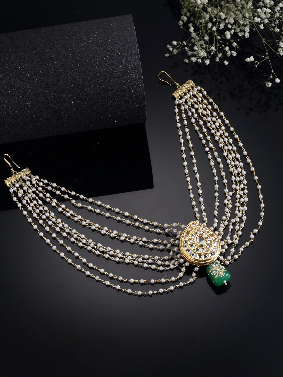 

DUGRISTYLE Gold-Plated Kundan Studded & Pearls Beaded Layered Adjustable Head Chain