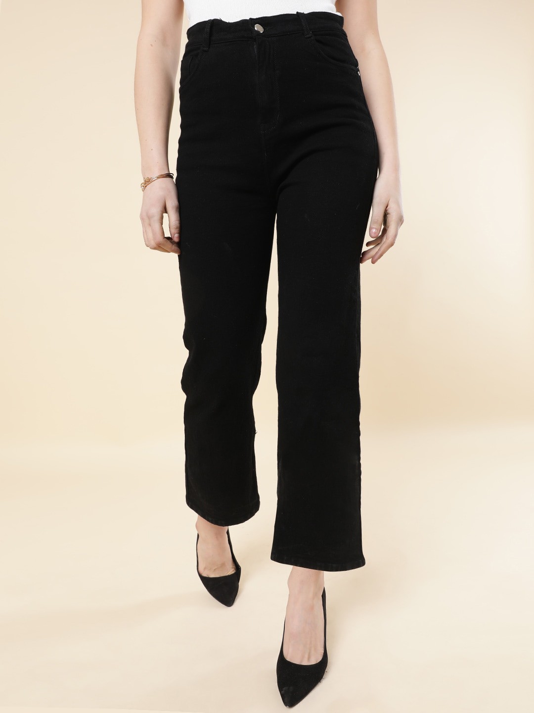 

Purple Feather Women Wide Leg High-Rise Cotton Stretchable Jeans, Black