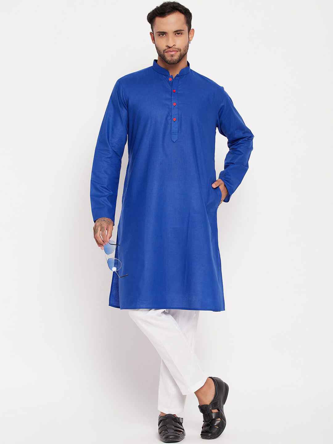 

VASTRAMAY Mandarin Collar Straight Kurta with Pyjamas, Blue