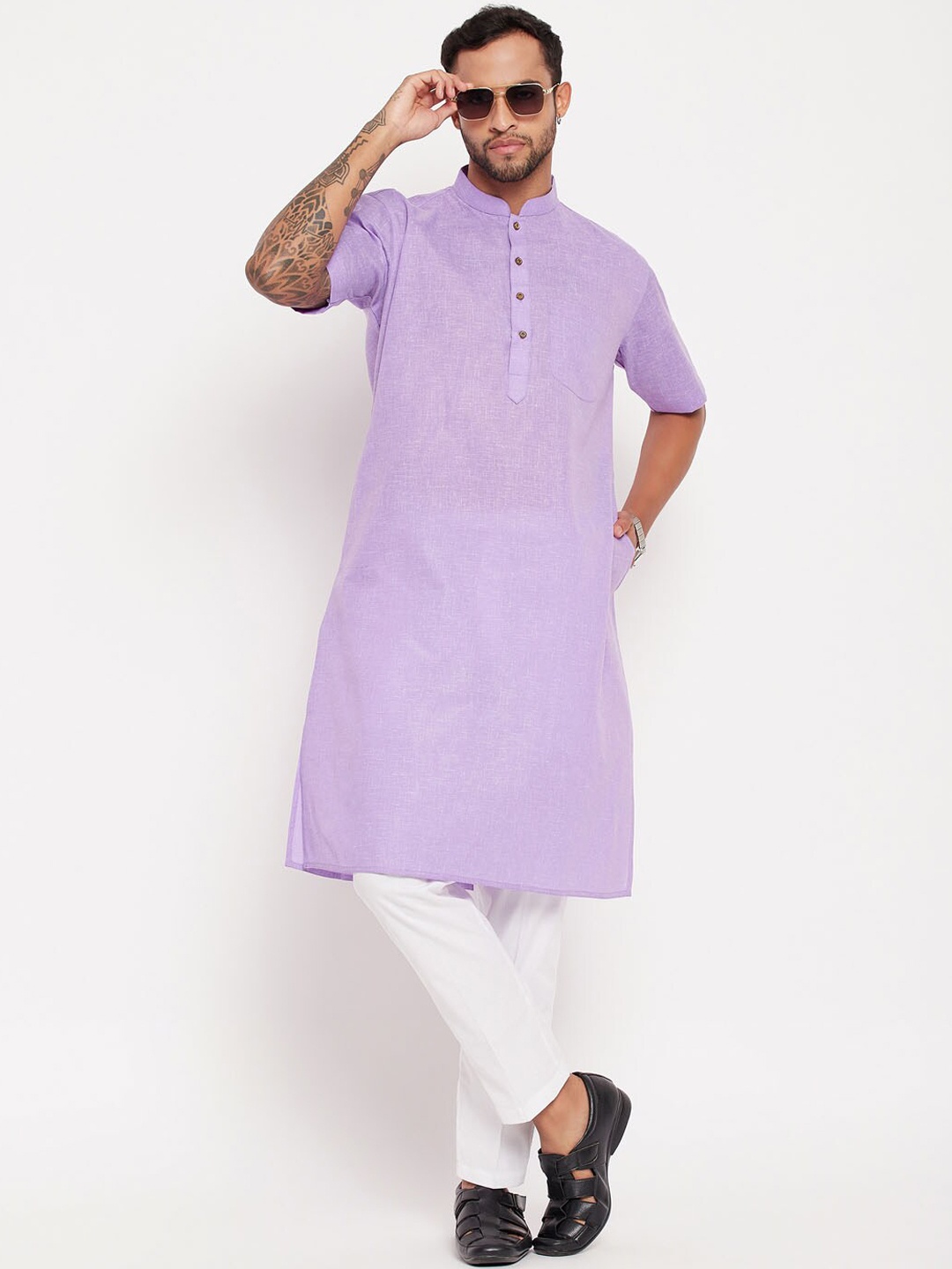 

VASTRAMAY Mandarin Collar Straight Kurta with Pyjamas, Purple