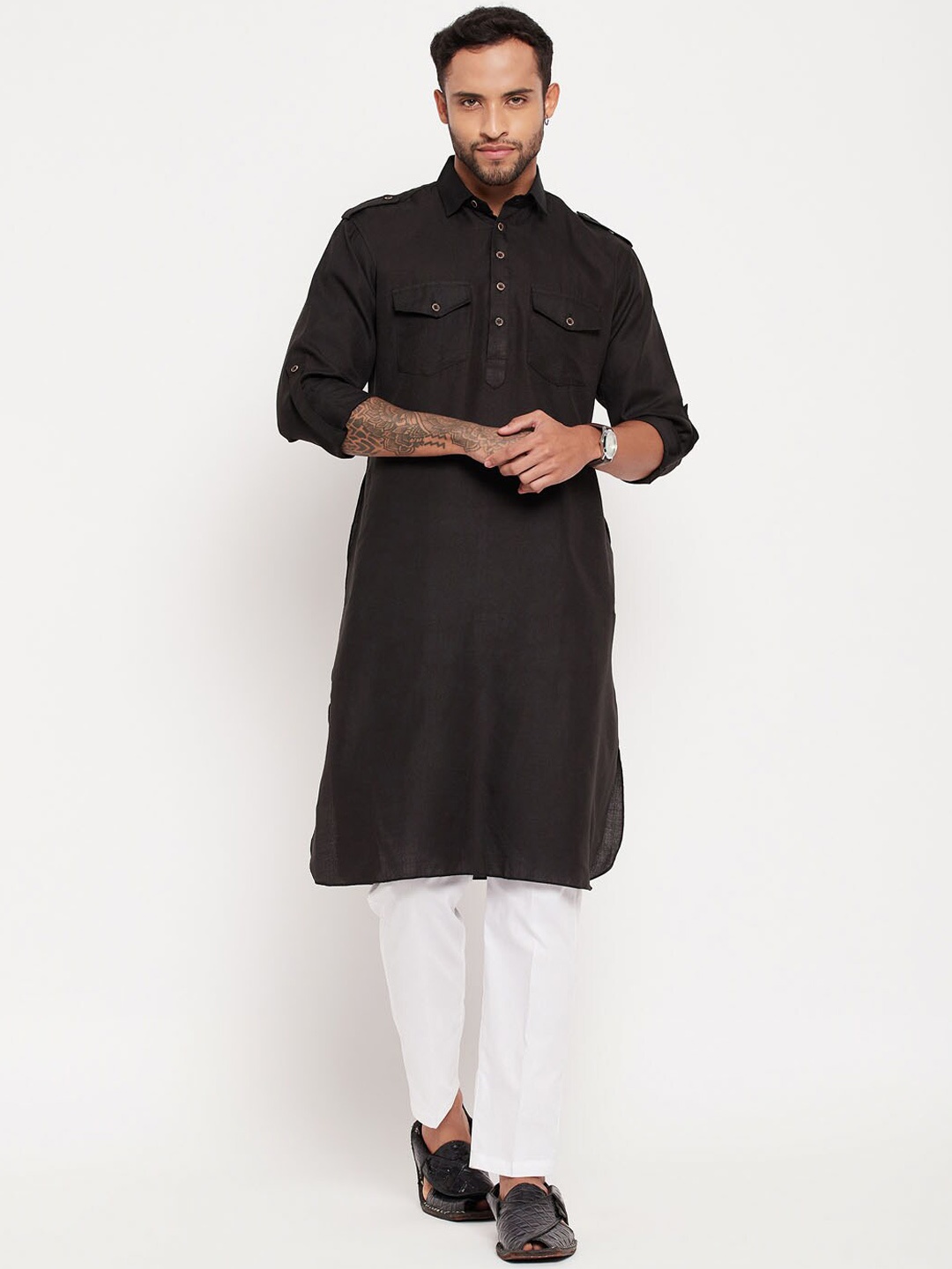 

VASTRAMAY Shirt Collar Pathani Kurta With Trouser, Black