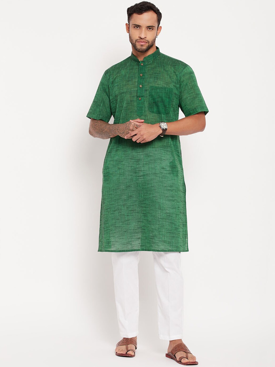 

VASTRAMAY Mandarin Collar Pure Cotton Kurta with Pyjamas, Green