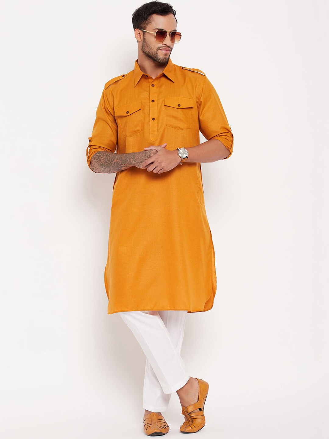 

VASTRAMAY Shirt Collar Pathani Kurta With Trouser, Mustard