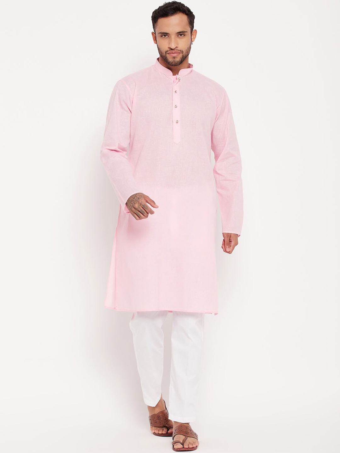 

VASTRAMAY Mandarin Collar Regular Kurta With Trousers, Pink
