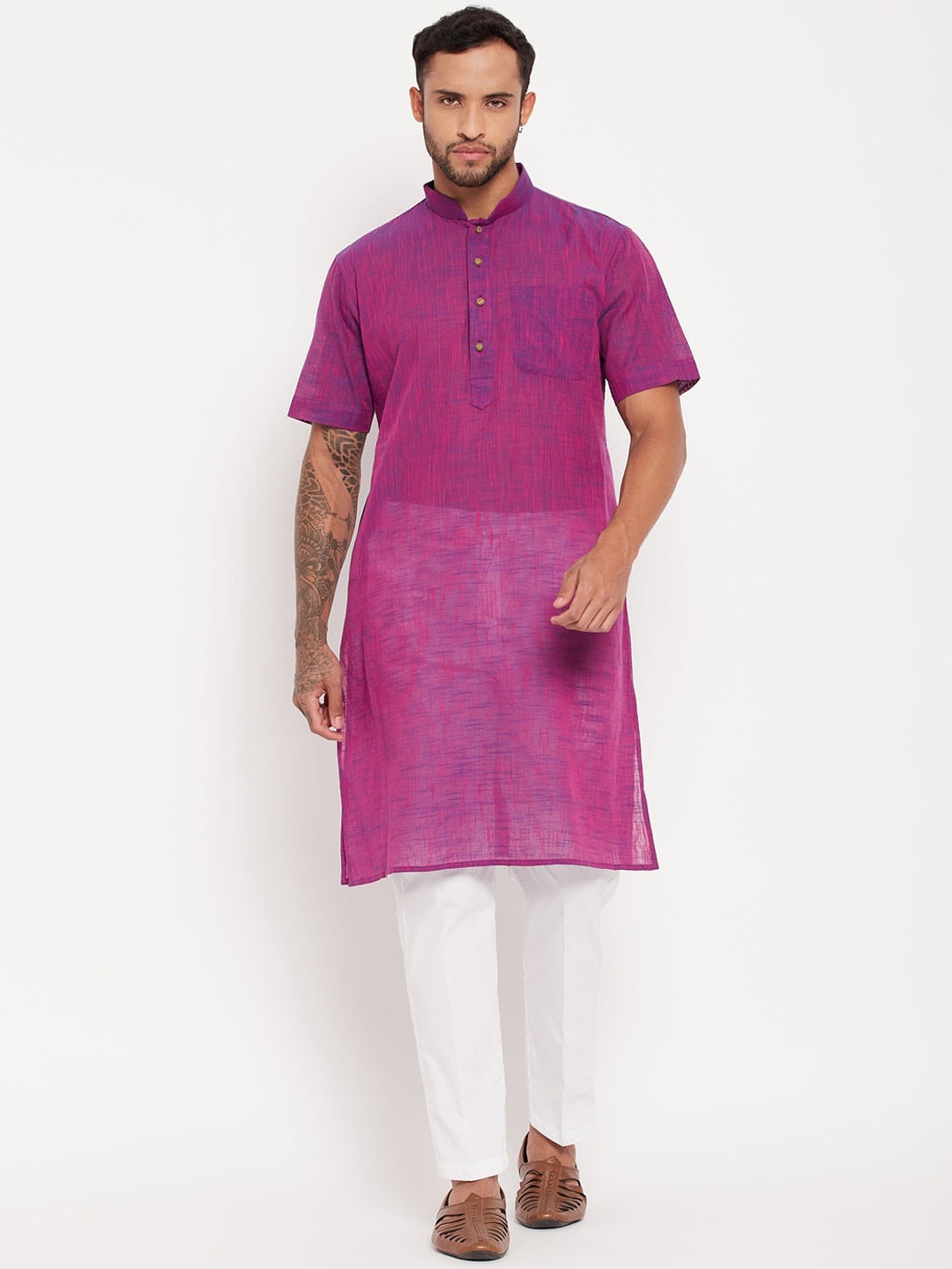 

VASTRAMAY Mandarin Collar Regular Pure Cotton Kurta With Trousers, Purple