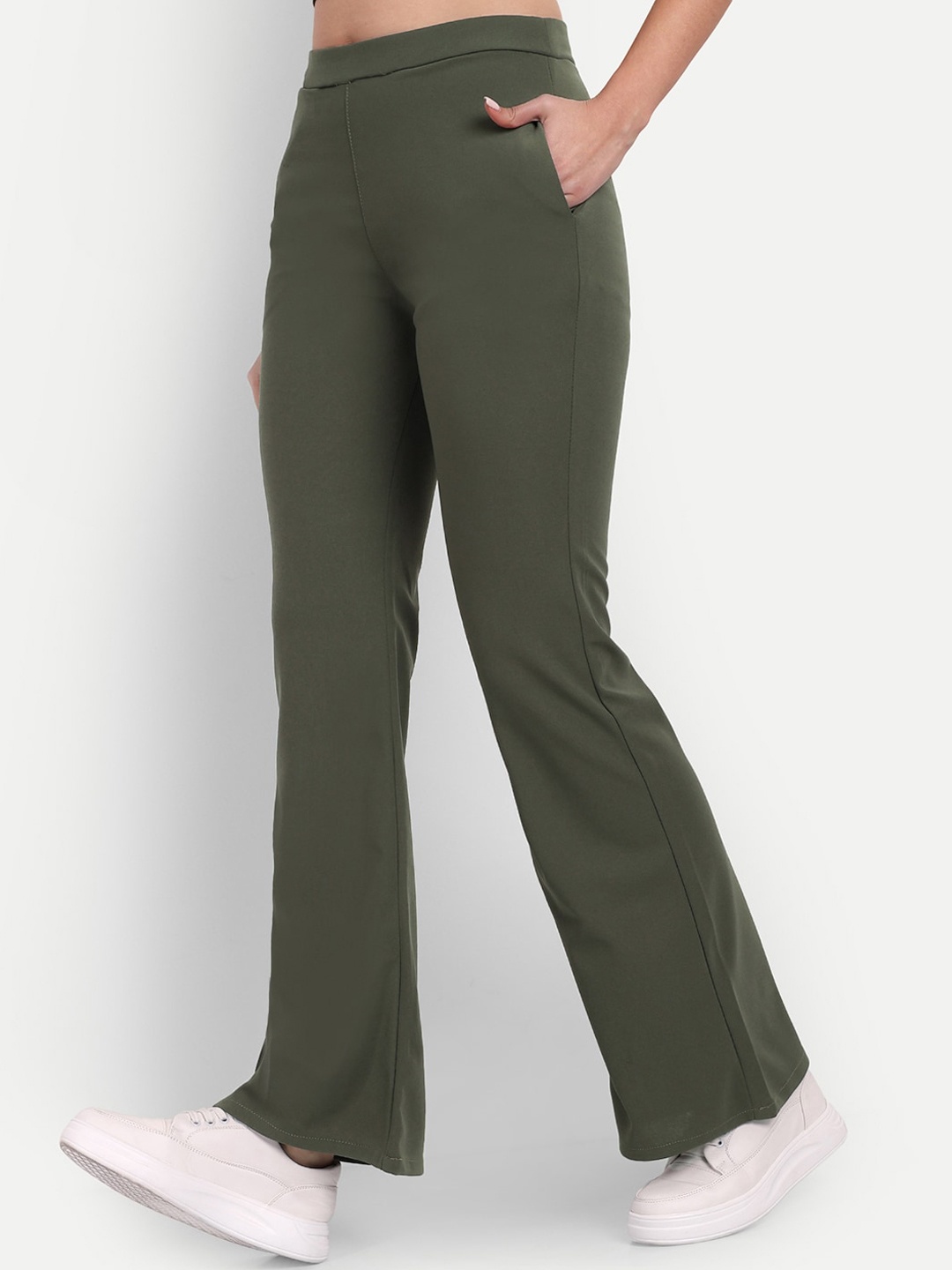 

BROADSTAR Women Relaxed Flared High-Rise Easy Wash Bootcut Stretchable Bootcut Trousers, Olive