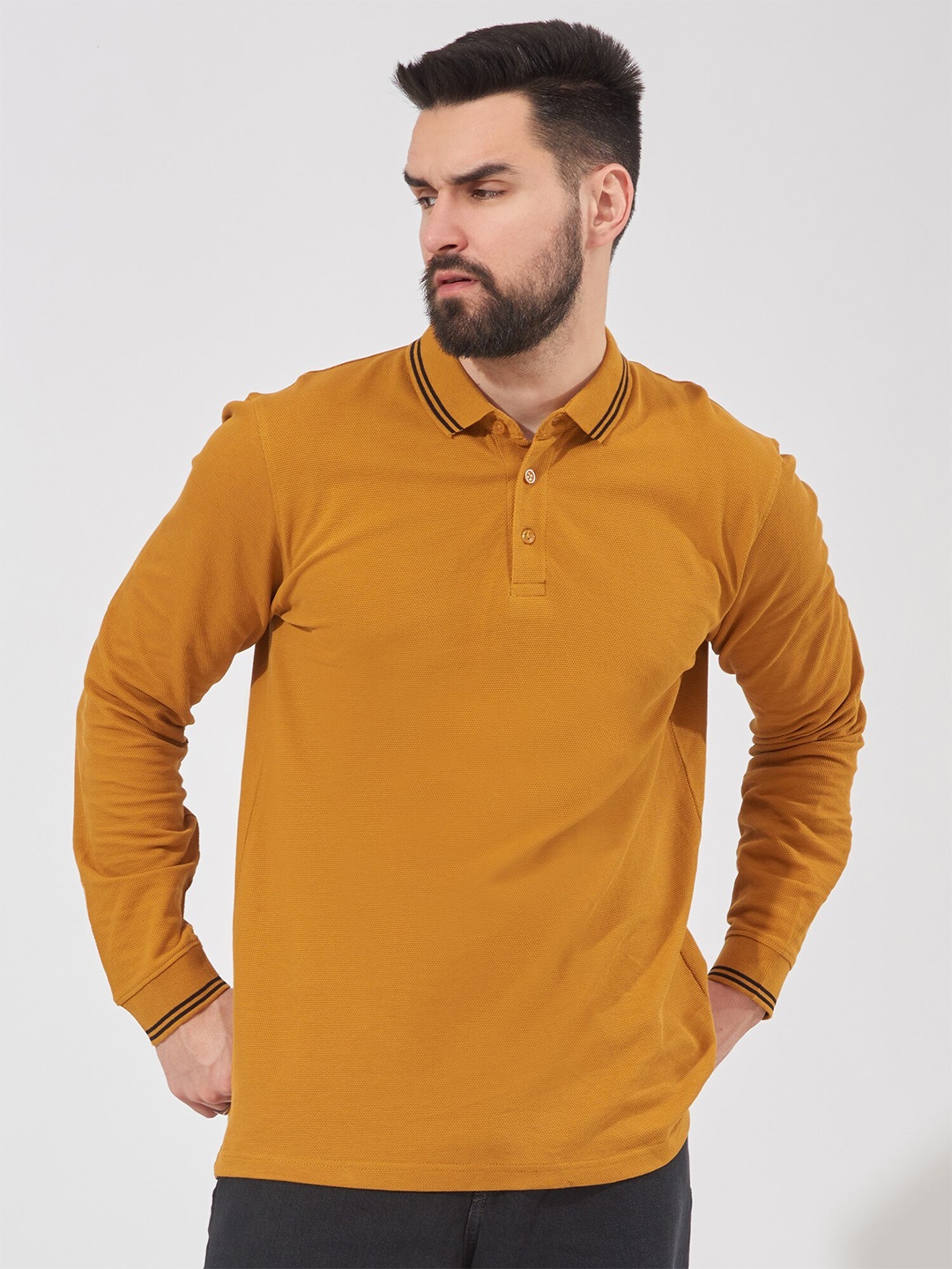 

Maniac Polo Collar Long Sleeve Slim Fit Cotton T-shirt, Mustard