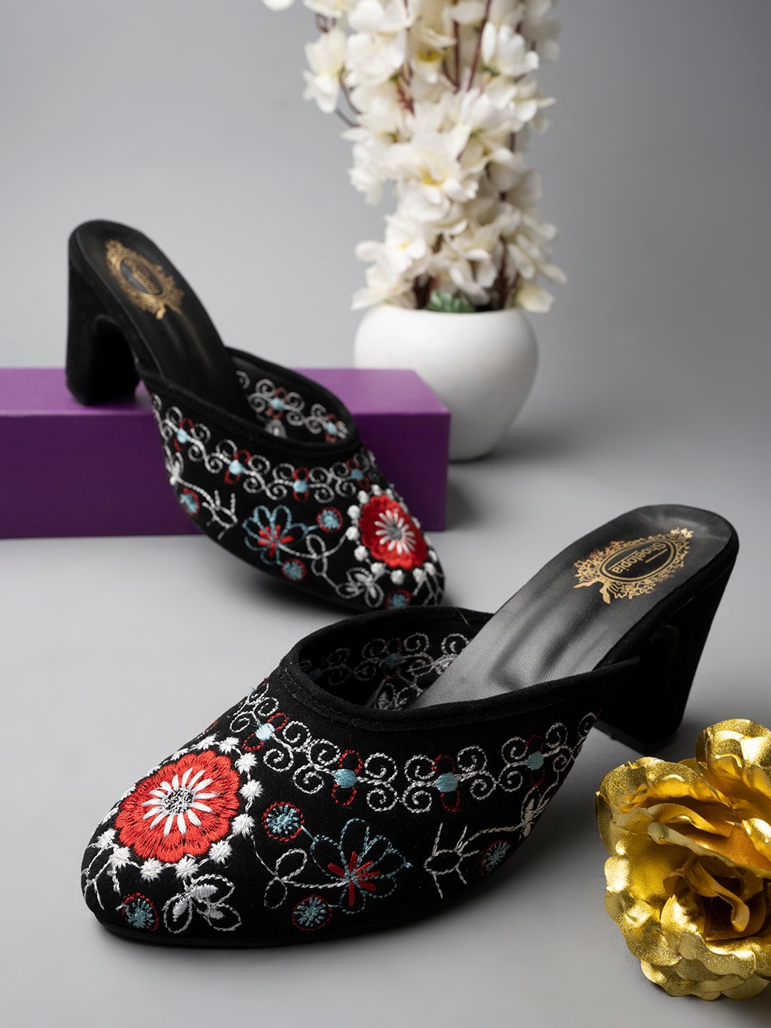 

Shoetopia Pointed Toe Woven Design Embellished Block Mules, Black