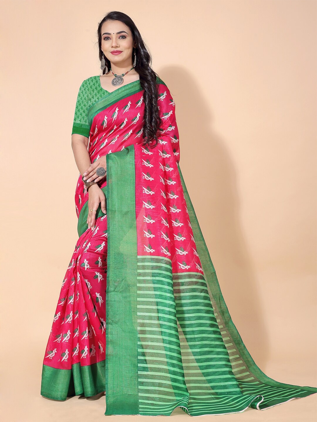 

Florence Ethnic Motifs Printed Zari Saree, Pink