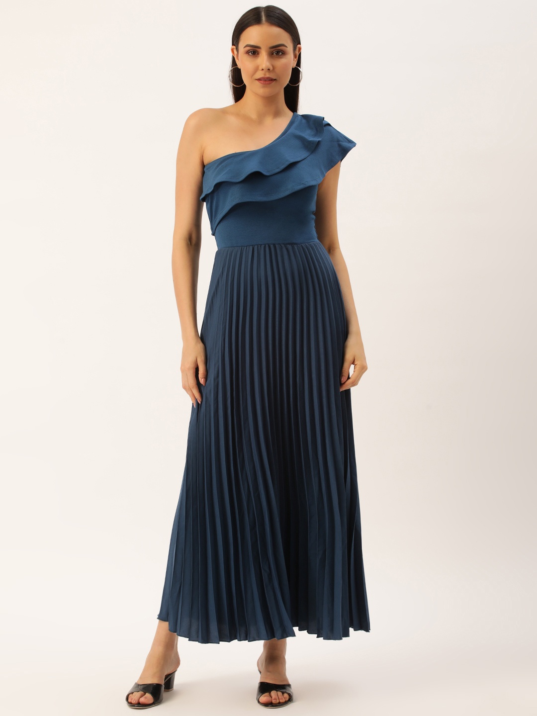 

U&F Navy One Shoulder Flared Sleeve Accordion Pleated Ruffled Scuba Fit & Flare Maxi Dress, Navy blue