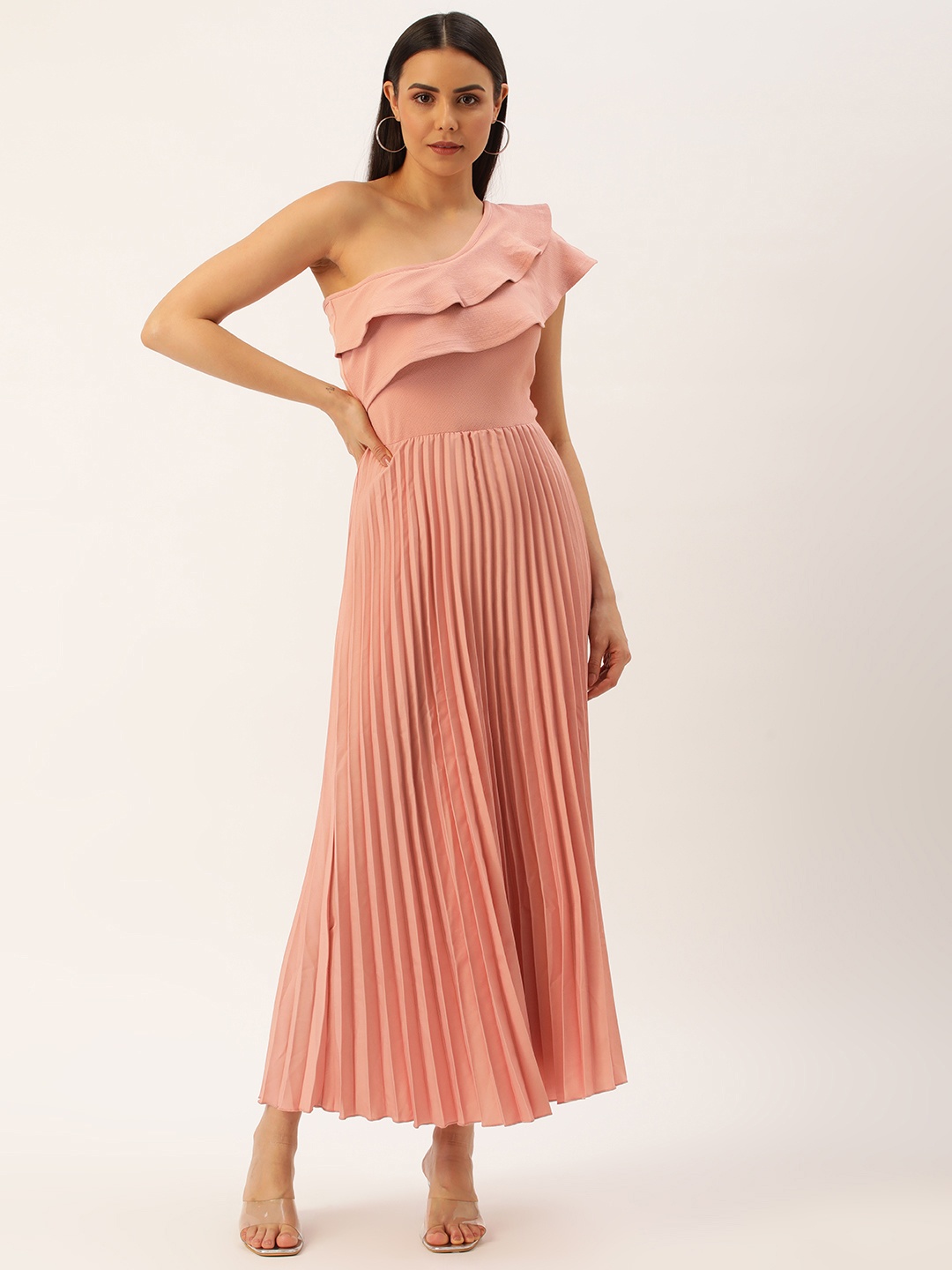 

U&F Navy One Shoulder Flared Sleeve Accordion Pleated Ruffled Scuba Fit & Flare Maxi Dress, Peach
