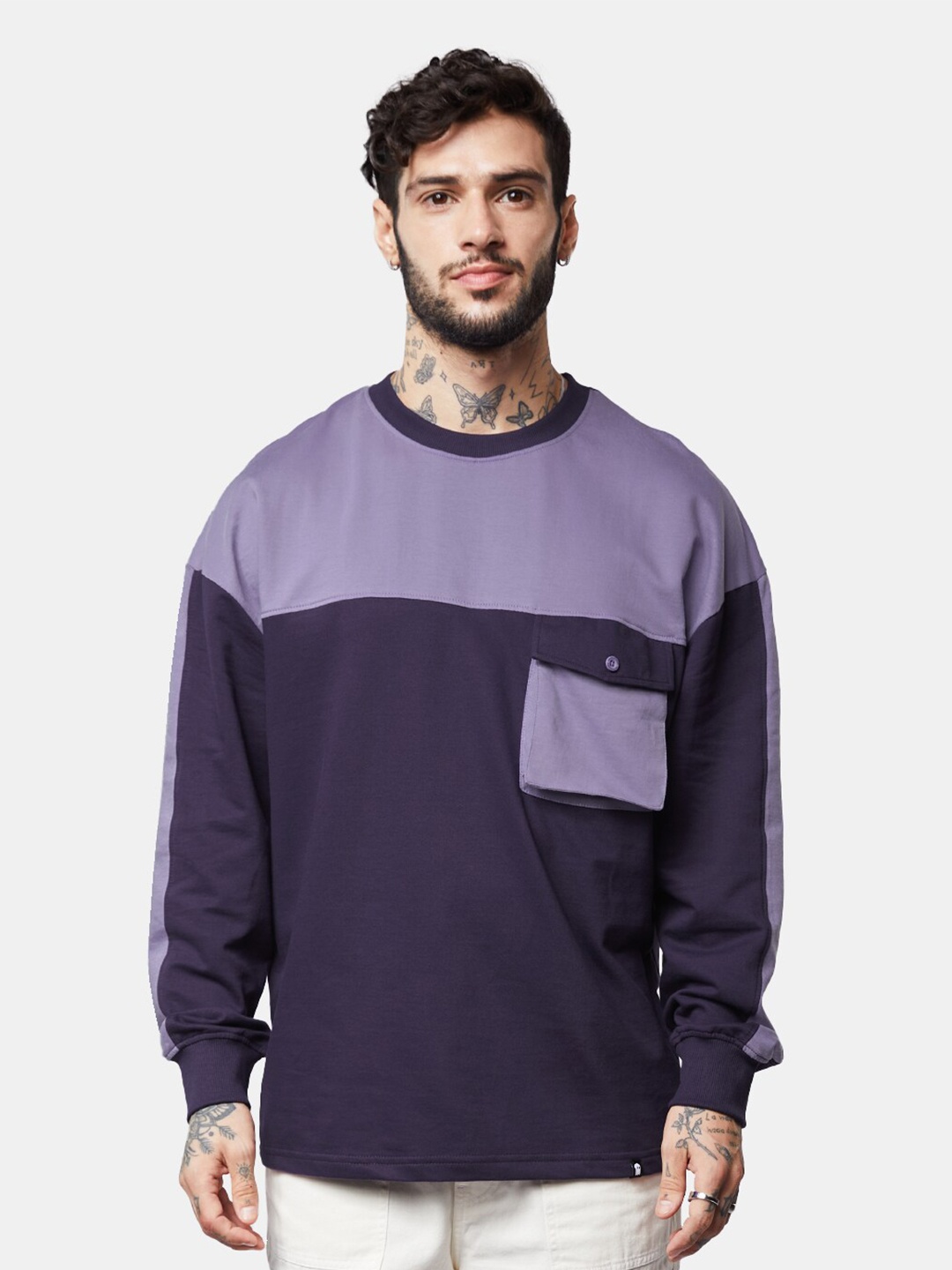 

The Souled Store Colourblocked Long Sleeve Pure Cotton Oversized T-Shirt, Blue