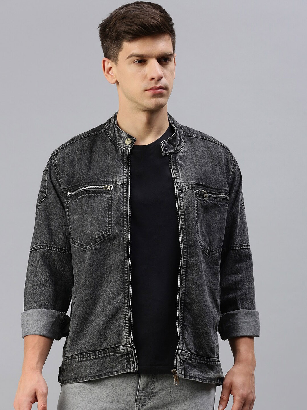 

VOXATI Washed Spread Collar Denim Jacket, Grey