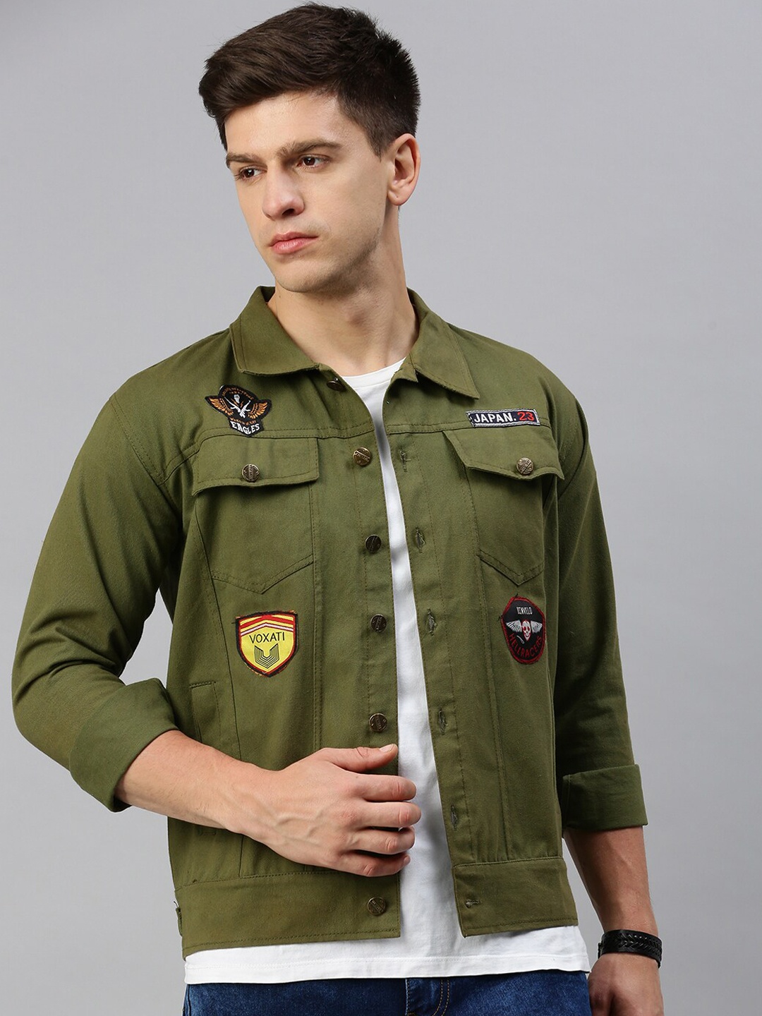 

VOXATI Spread Collar Denim Jacket with Patchwork, Olive