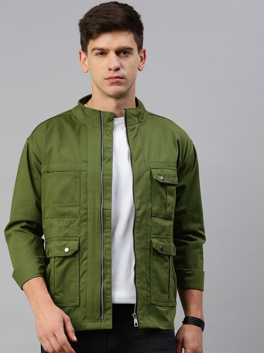 

VOXATI Stand Collar Denim Jacket, Olive