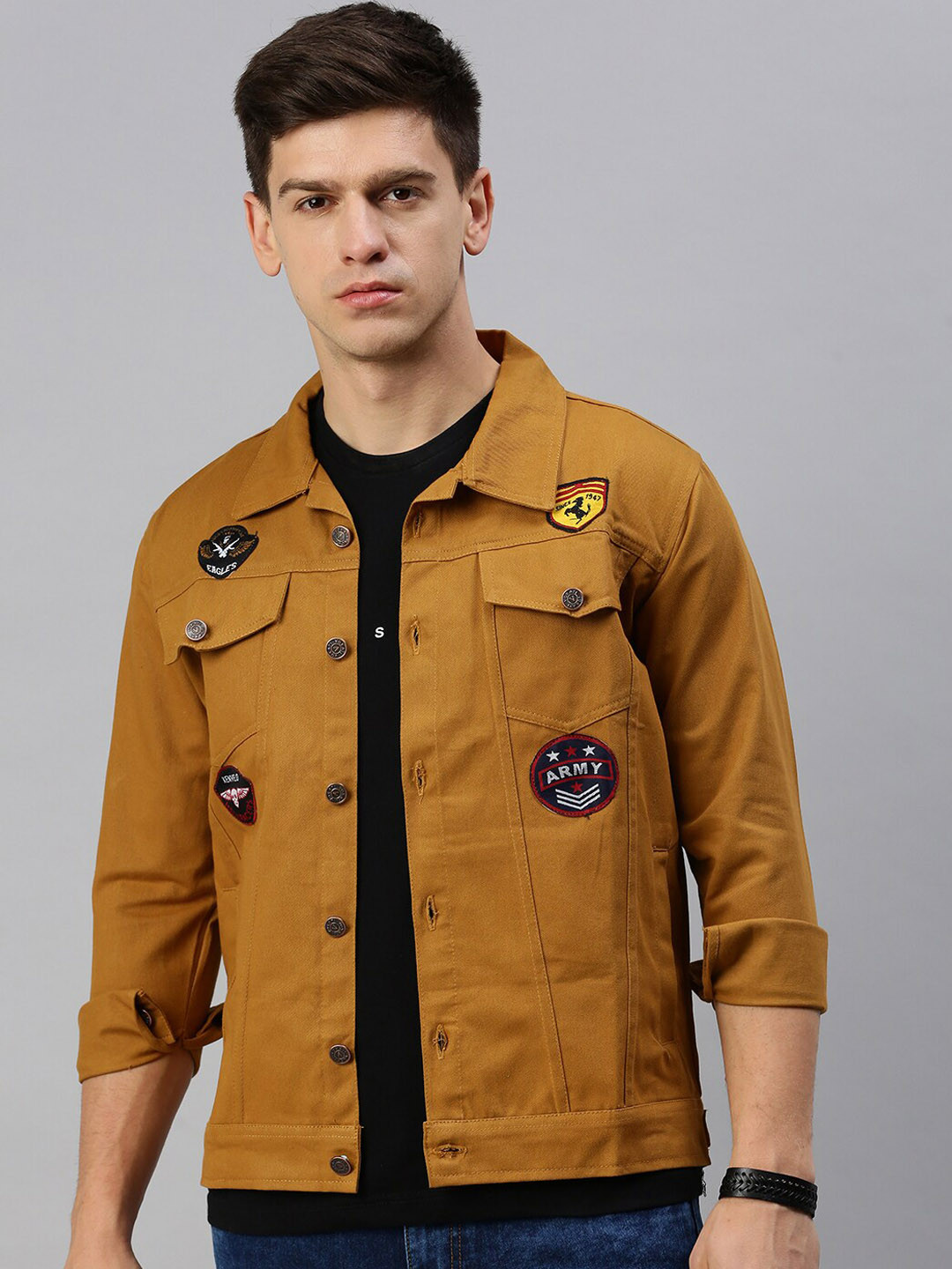 

VOXATI Denim Jacket with Patchwork, Mustard
