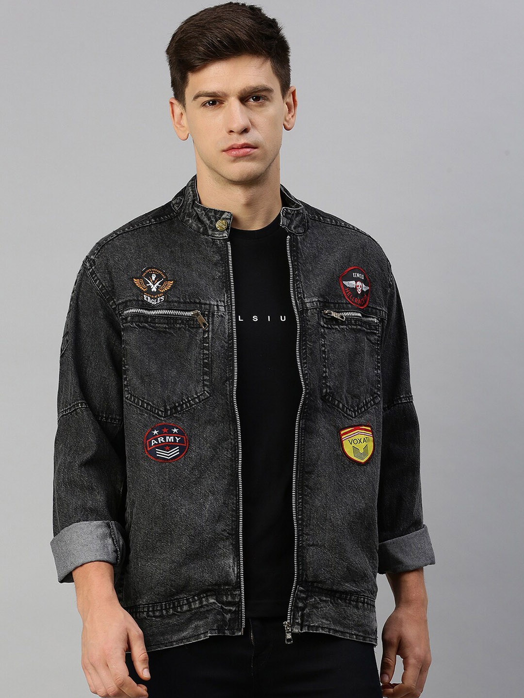 

VOXATI Washed Mandarin Collar Denim Jacket With Patchwork, Grey