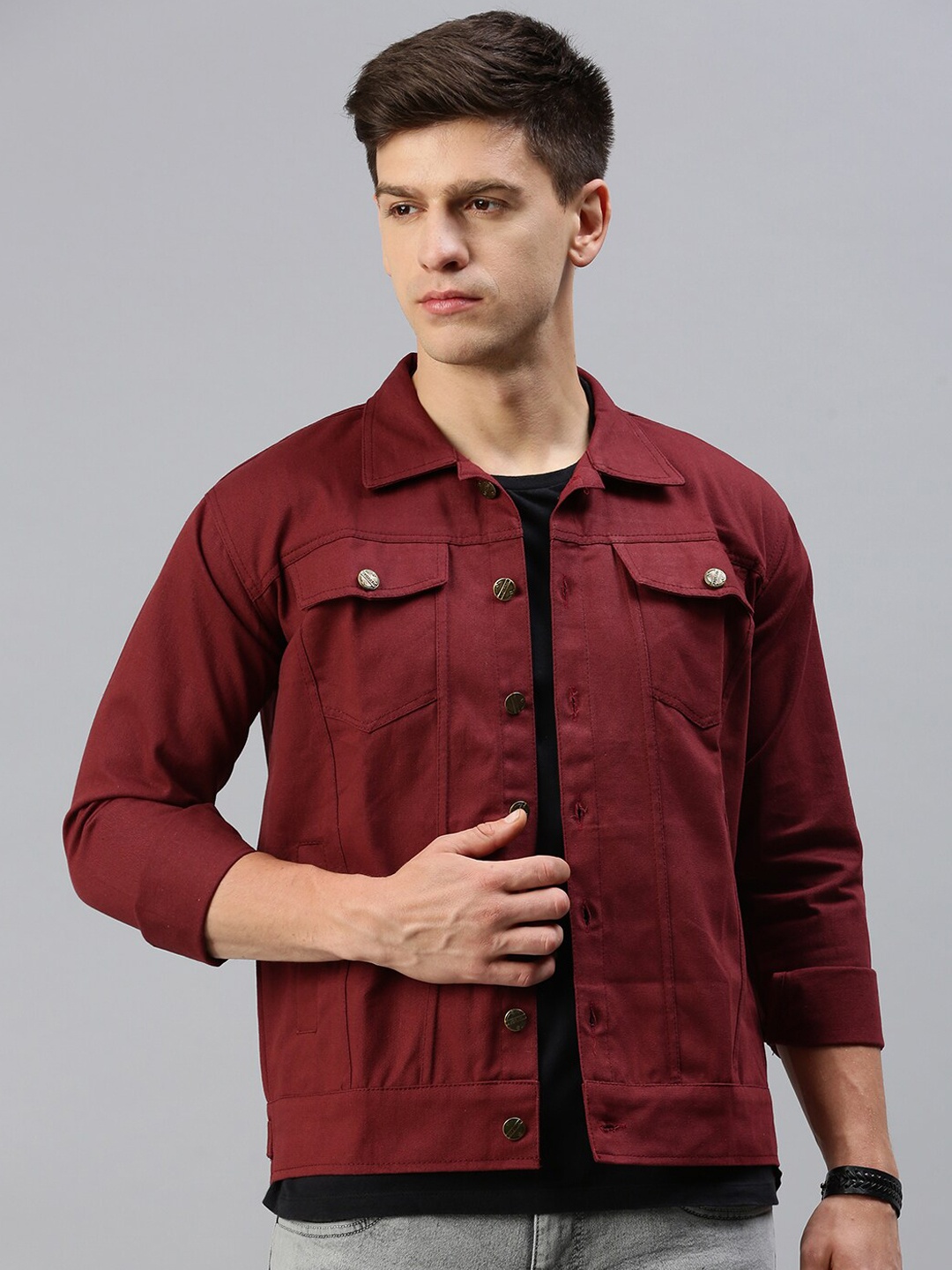 

VOXATI Spread Collar Denim Jacket, Maroon