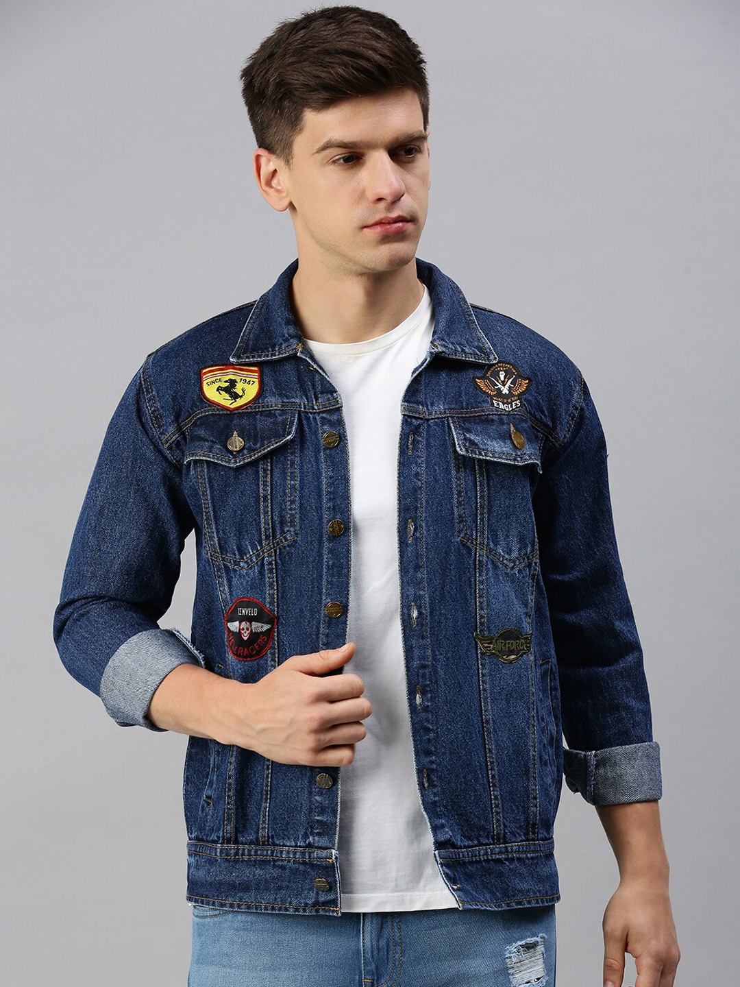 

VOXATI Washed Denim Jacket With Patchwork, Blue