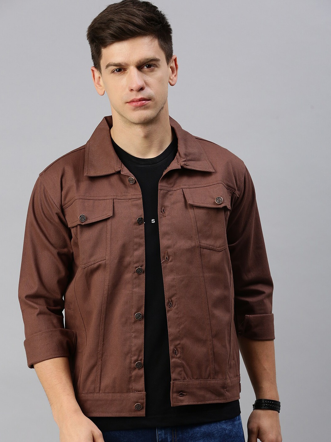 

VOXATI Spread Collar Denim Jacket, Brown