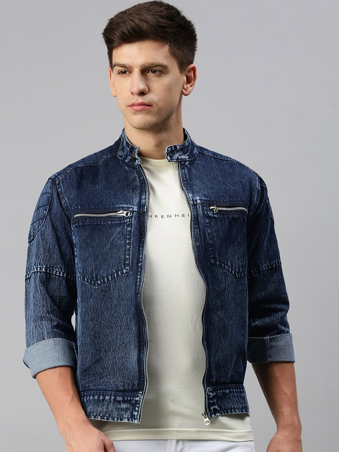 

VOXATI Washed Mandarin Collar Denim Jacket, Blue