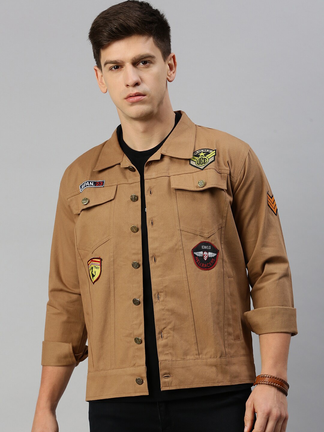 

VOXATI Denim Jacket with Patchwork, Khaki