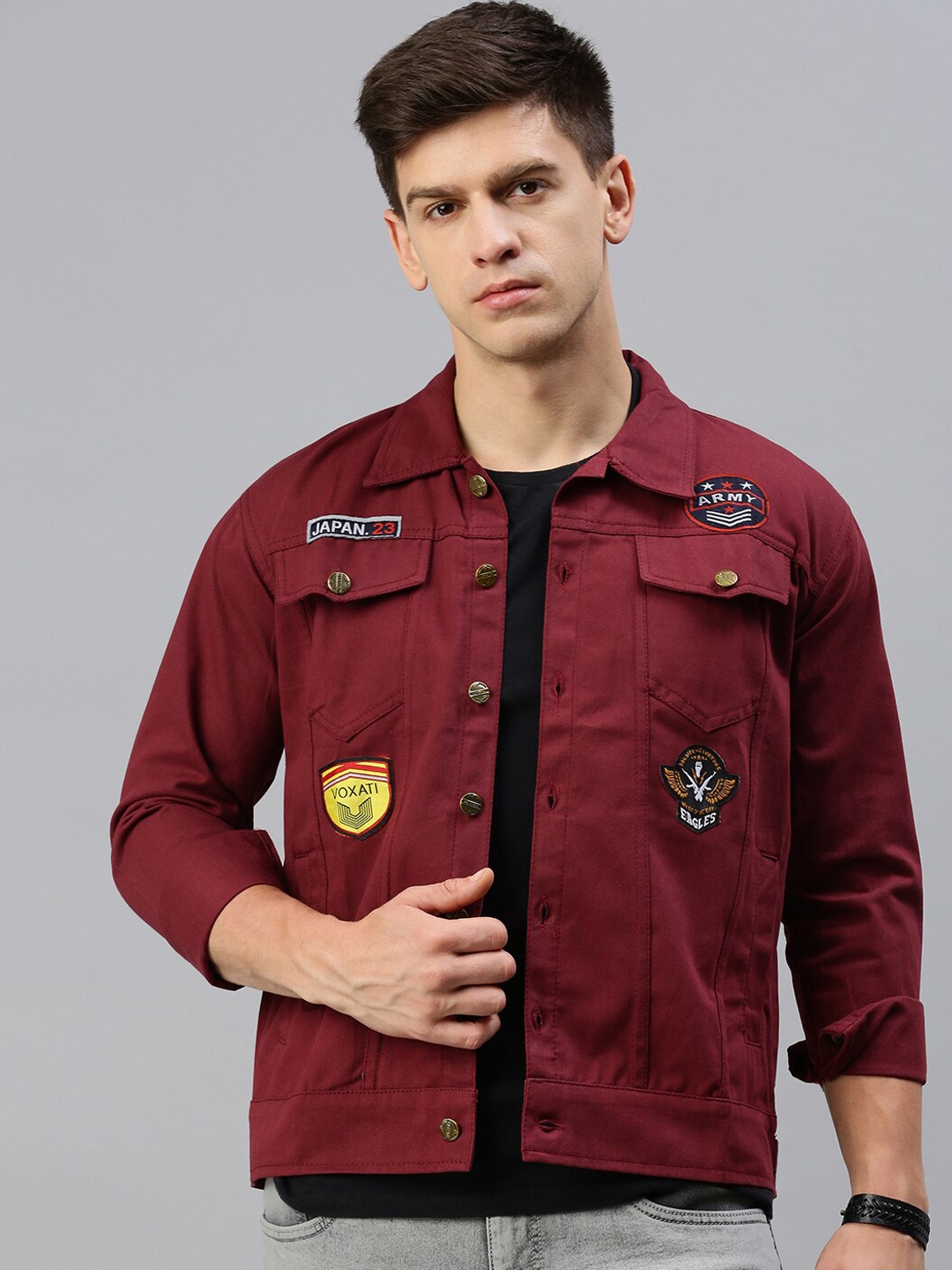 

VOXATI Denim Jacket with Patchwork, Maroon