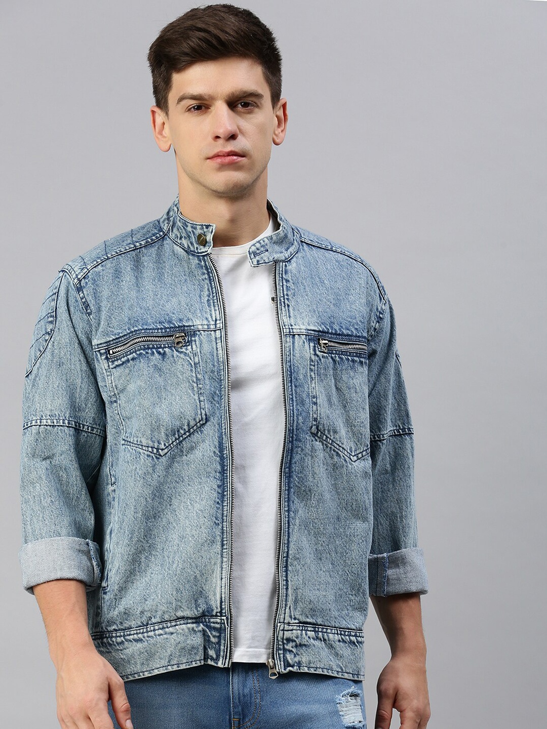 

VOXATI Washed Mandarin Collar Denim Jacket, Blue