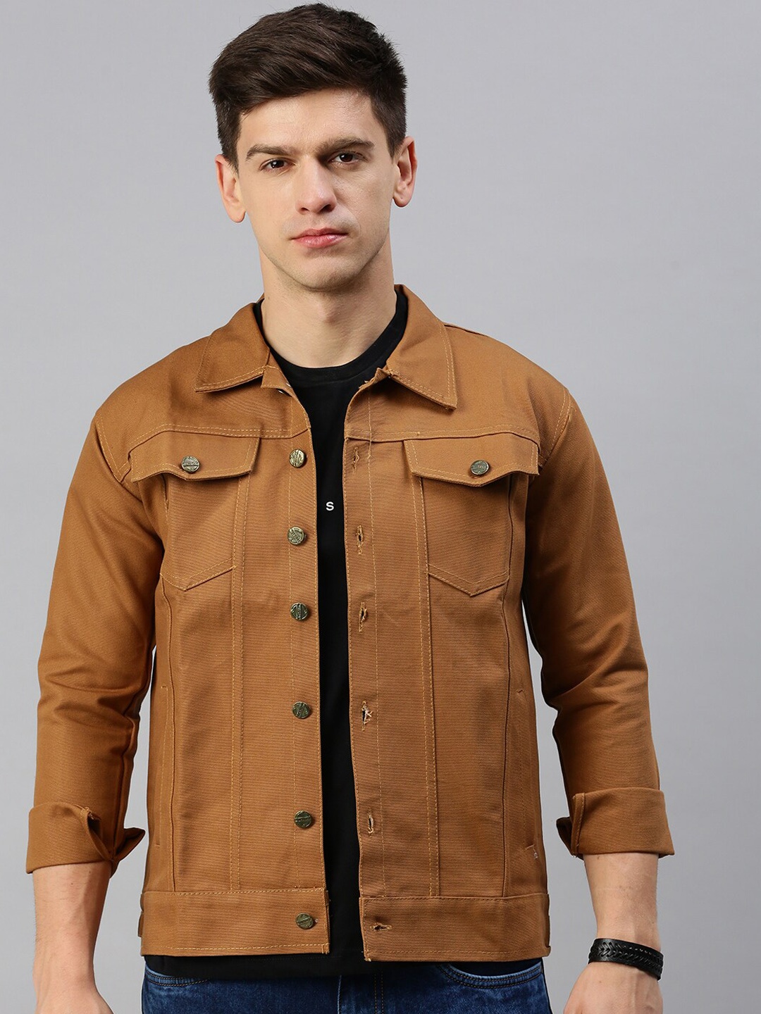 

VOXATI Stand Collar Denim Jacket, Mustard