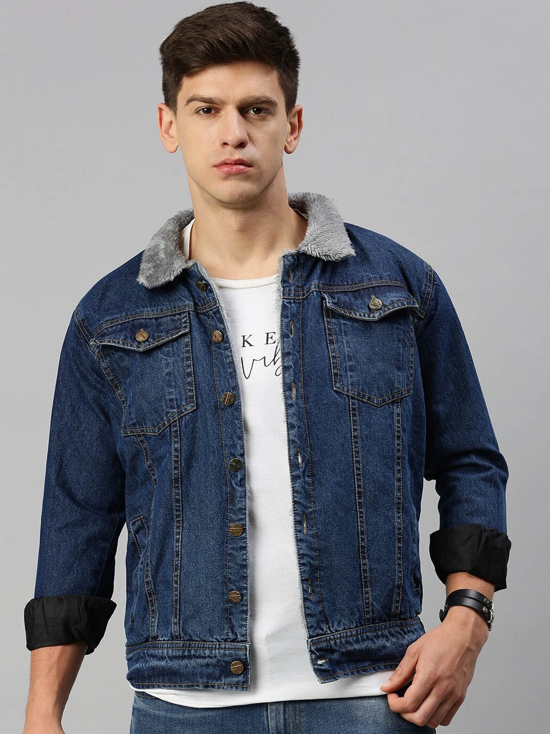 

VOXATI Washed Denim Jacket With Faux Fur Trim, Blue