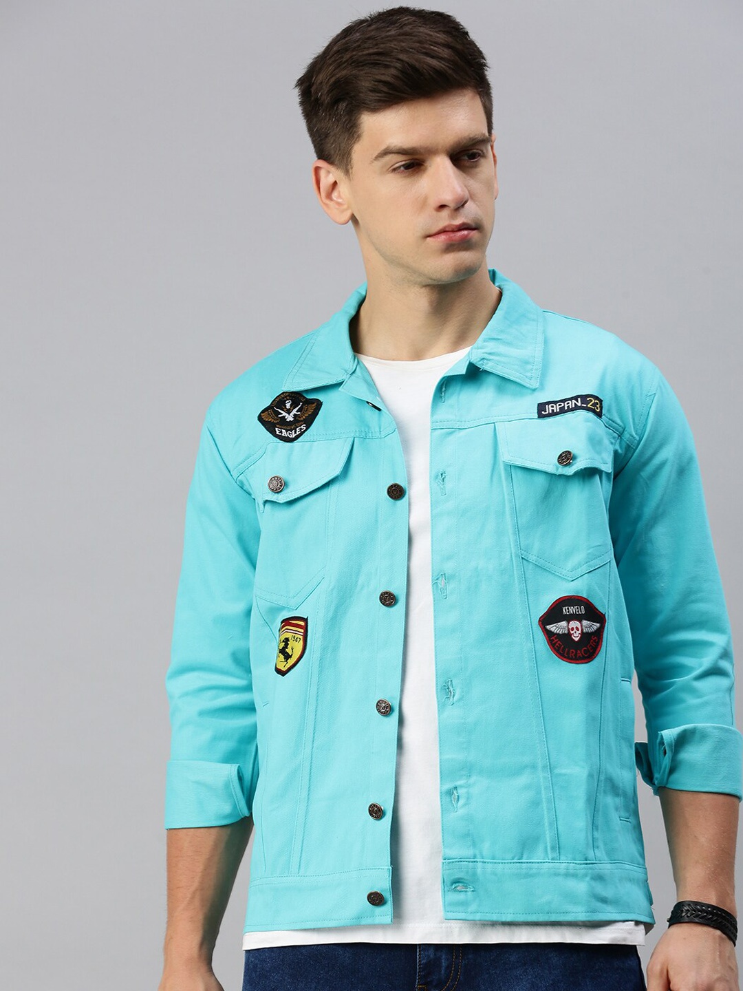 

VOXATI Denim Jacket with Patchwork, Turquoise blue