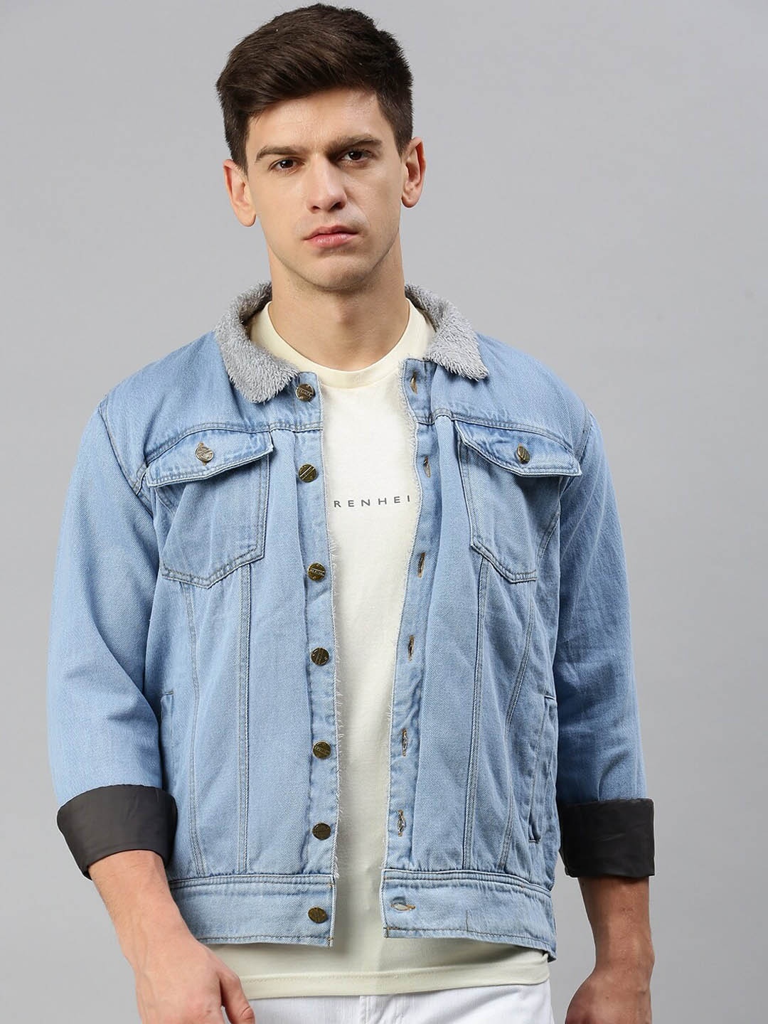 

VOXATI Washed Denim Jacket with Faux Fur Trim, Blue