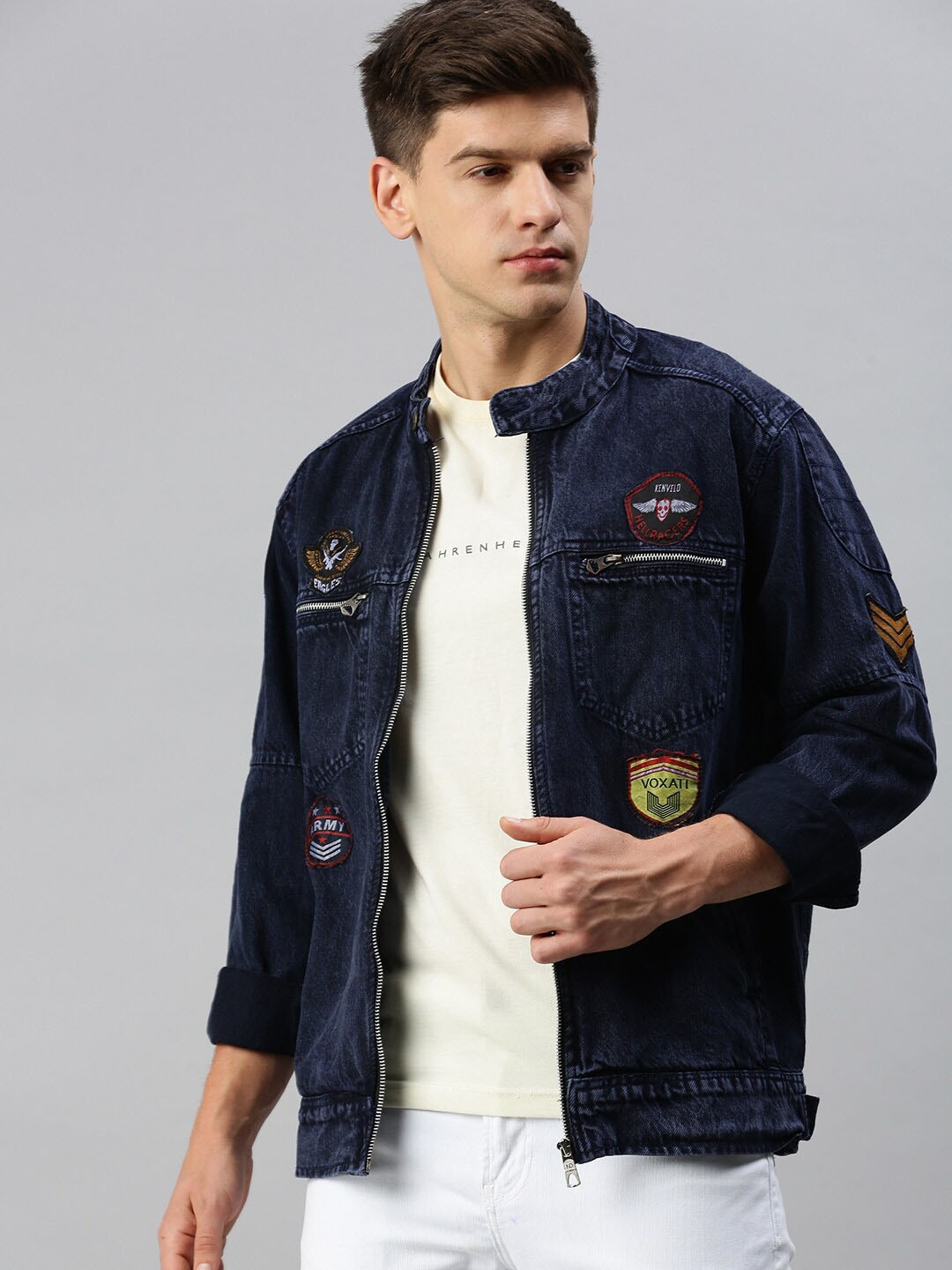 

VOXATI Washed Mandarin Collar Denim Jacket with Patchwork, Blue