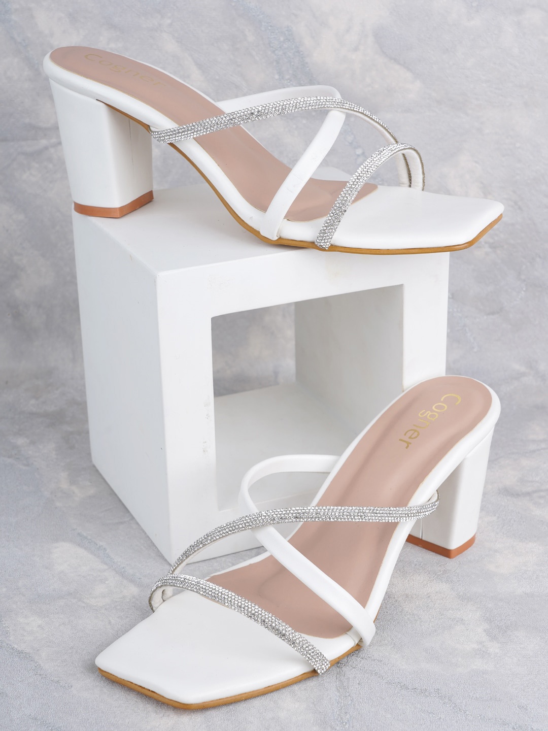 

Cogner Embellished Open Toe Block Heels, White